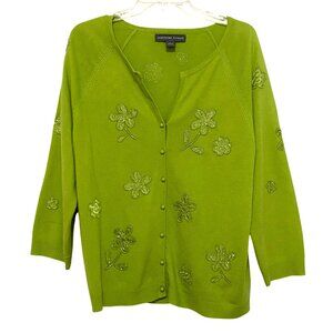 Vintage Beaded Womens Cardigan L Green Preppy Floral Spring Fall Mature‎ Flaws
